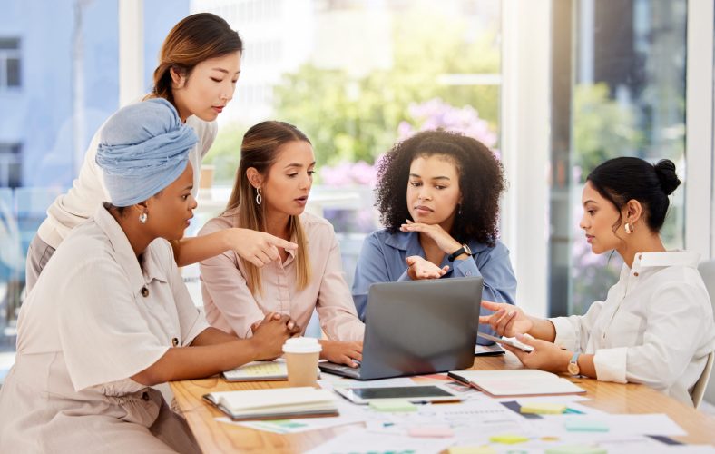 Digital marketing, creative business women planning, collaboration and marketing ideas brainstormin.